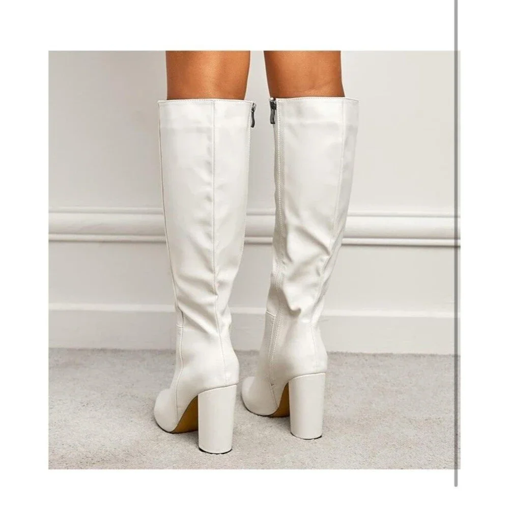 Womens Pointed Toe Zip Up Formal Chunky High Heel Knee High Boots - Picture 2 of 8